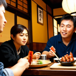**Prompt:** Izakaya scene, focus on Yakitori skewers (Momo, Negima), cold Asahi beer on the table, warm lighting, casual atmosphere, slightly blurred background of people chatting.