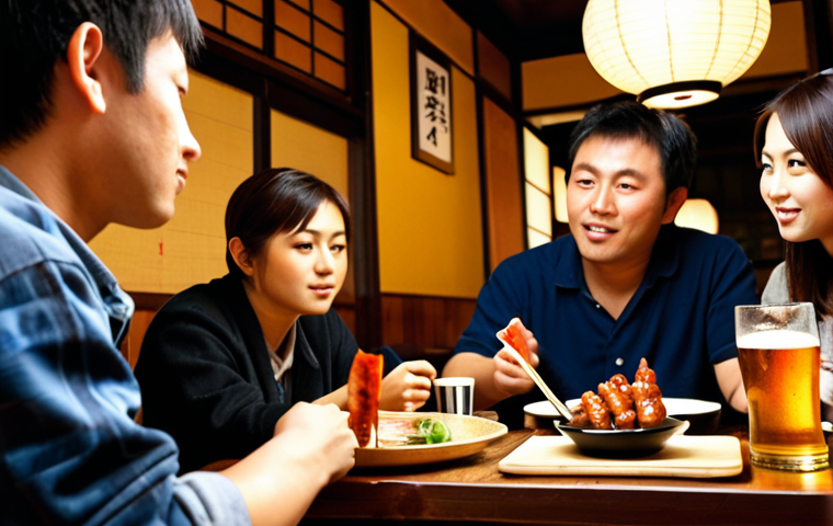 **Prompt:** Izakaya scene, focus on Yakitori skewers (Momo, Negima), cold Asahi beer on the table, warm lighting, casual atmosphere, slightly blurred background of people chatting.