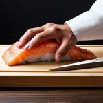 A professional Japanese sushi chef, fully clothed in a modest, clean traditional chef's uniform, meticulously slicing pristine fresh fish (such as tuna or salmon) into perfect sashimi pieces with a long, slender Yanagiba knife. The chef's well-formed hands are positioned with precise, natural movements on a clean wooden cutting board. The background features a minimalist, professional Japanese sushi counter with subtle traditional elements. This scene emphasizes the artisan's skill and the sharpness of the tool. Safe for work, appropriate content, perfect anatomy, correct proportions, natural pose, well-formed hands, proper finger count, natural body proportions, professional photography, high quality.
