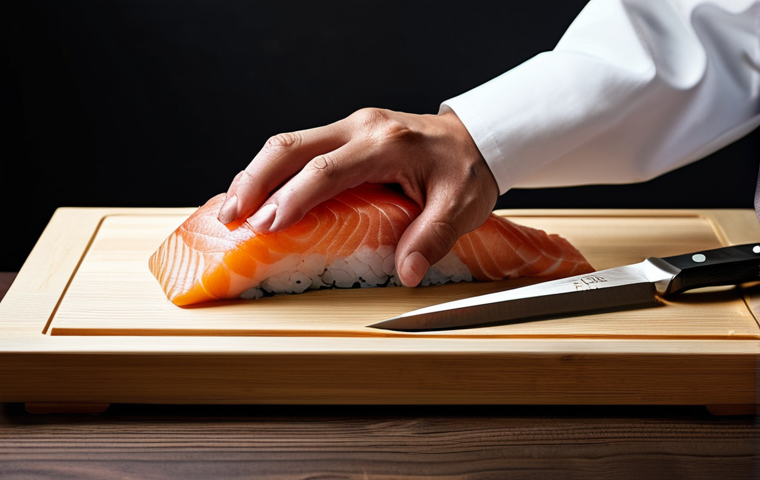 A professional Japanese sushi chef, fully clothed in a modest, clean traditional chef's uniform, meticulously slicing pristine fresh fish (such as tuna or salmon) into perfect sashimi pieces with a long, slender Yanagiba knife. The chef's well-formed hands are positioned with precise, natural movements on a clean wooden cutting board. The background features a minimalist, professional Japanese sushi counter with subtle traditional elements. This scene emphasizes the artisan's skill and the sharpness of the tool. Safe for work, appropriate content, perfect anatomy, correct proportions, natural pose, well-formed hands, proper finger count, natural body proportions, professional photography, high quality.