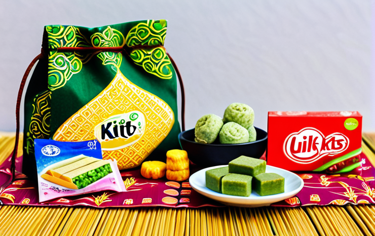 **

"A colourful assortment of Japanese Kit Kats displayed on a traditional batik cloth. Flavours like matcha, Sakura, and ubi ungu are visible. Include a small bag of 'duit raya' (money packets) and a 'ketupat' (rice dumpling) in the background. Perfect anatomy, correct proportions, natural pose, high quality, professional photography, safe for work, appropriate content, fully clothed, professional, modest, family-friendly."

**