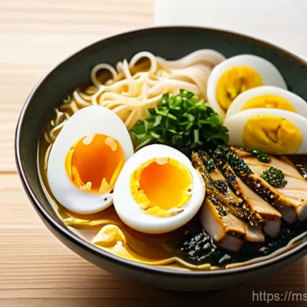 일본 요리 레시피 모음 - **A vibrant and inviting close-up of a homemade Halal ramen bowl, steaming gently on a polished wood...
