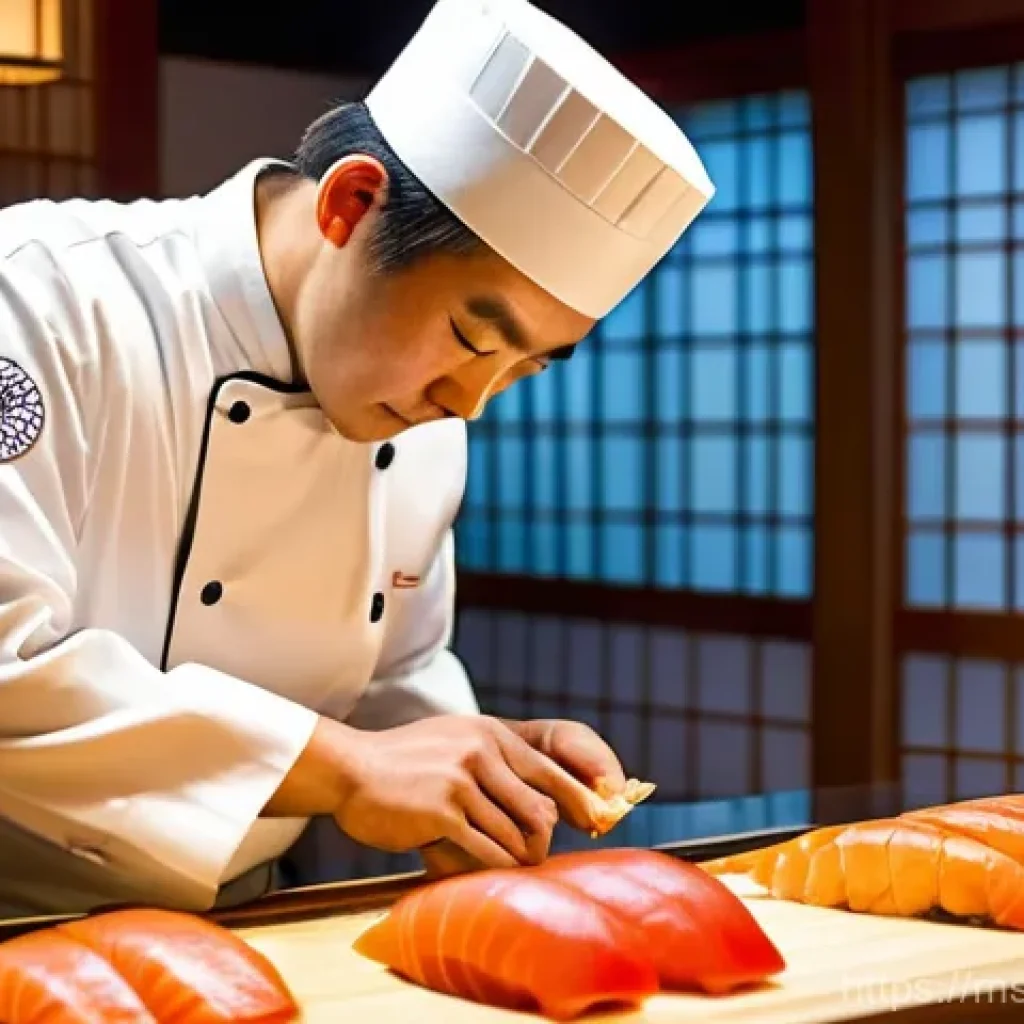 일본 고급 레스토랑 리뷰 - **A master Japanese sushi chef, a middle-aged man with a warm smile and a pristine white uniform, ex...