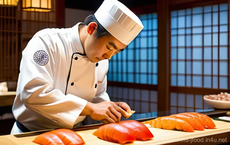 일본 고급 레스토랑 리뷰 - **A master Japanese sushi chef, a middle-aged man with a warm smile and a pristine white uniform, ex...