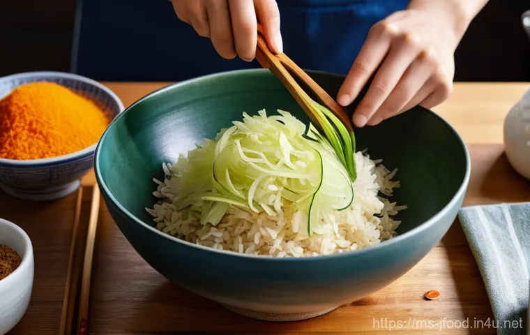 일본 김치 제조 방법 - **Japanese Kimuchi Preparation:**
A vibrant, high-angle shot of a clean, modern kitchen counter....