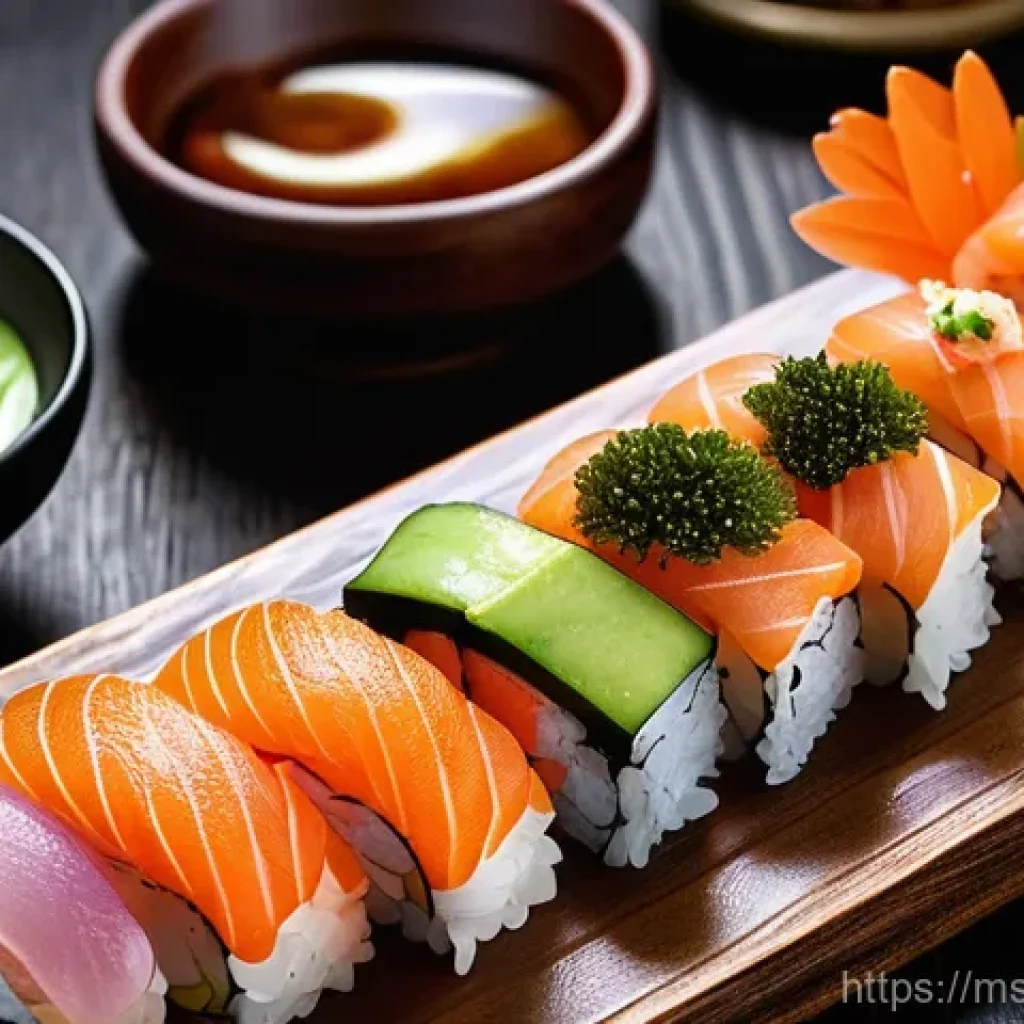 초밥 맛집 리뷰 - **A Diverse and Fresh Sushi Feast on a Rustic Wooden Board.**
A vibrant, eye-level shot of a bea...