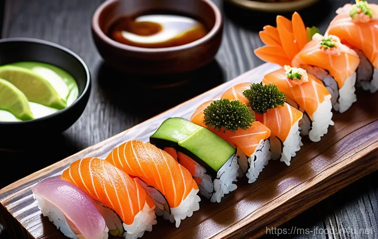 초밥 맛집 리뷰 - **A Diverse and Fresh Sushi Feast on a Rustic Wooden Board.**
A vibrant, eye-level shot of a bea...