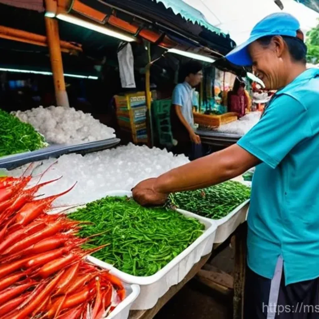 스시용 생선 종류 - **Vibrant Malaysian Wet Market Scene:**
A bustling and authentic Malaysian wet market in the ear...