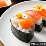 Home 20 초밥 밥알의 비율 - A close-up, high-resolution image of a traditional Japanese nigiri sushi plate served in a modern Ma...
