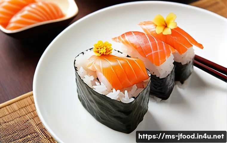 초밥 밥알의 비율 - A close-up, high-resolution image of a traditional Japanese nigiri sushi plate served in a modern Ma...