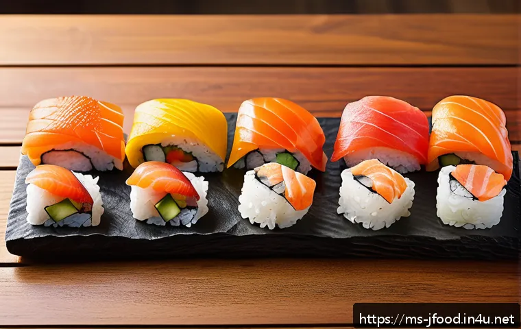냉동 초밥 브랜드 비교 - A high-resolution image of an assorted frozen sushi platter from Brand A, featuring nigiri, maki, an...