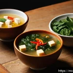Home 23 미소 된장의 활용법 - A warm, inviting kitchen scene showcasing three traditional types of miso paste jars labeled “Shiro ...