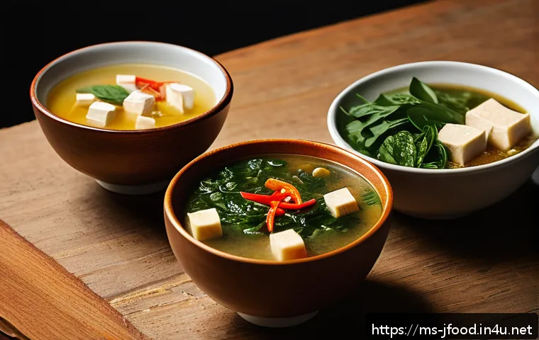 미소 된장의 활용법 - A warm, inviting kitchen scene showcasing three traditional types of miso paste jars labeled “Shiro ...