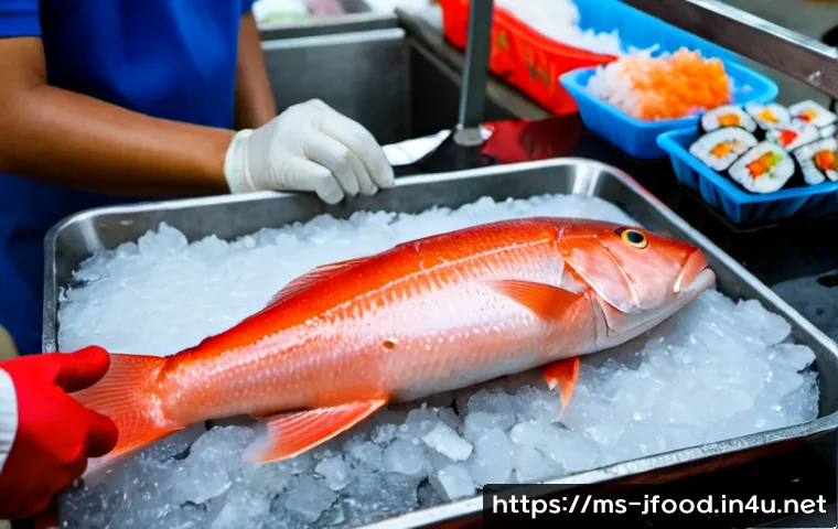 초밥용 생선 고르는 법 - Photorealistic Malaysian wet market seafood stall at dawn, a shopper in modest casual clothing caref...