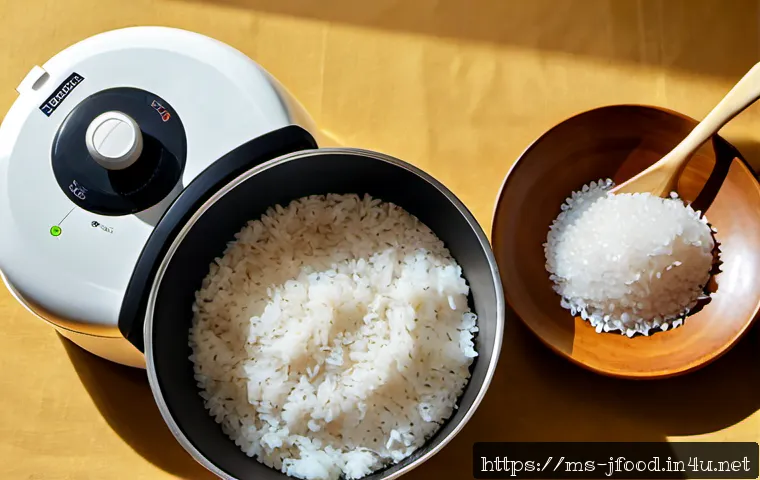 스시용 밥 짓는 법 - Photorealistic overhead kitchen scene of freshly cooked short-grain rice resting in a modern electri...