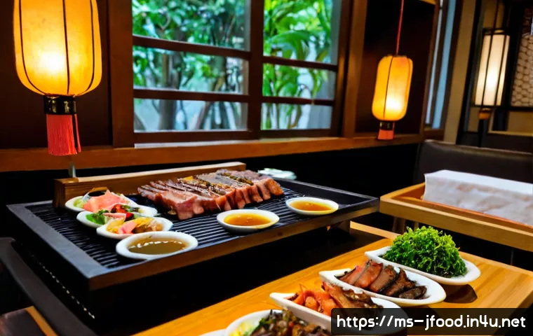 일본식 BBQ 맛집 - Photorealistic Japanese-style yakiniku restaurant in Kuala Lumpur, warm evening interior with a smal...