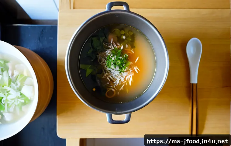 Home 17 일본식 장국 육수 만들기 - Photorealistic overhead kitchen scene of making Japanese-style soup stock, a clean stainless-steel p...